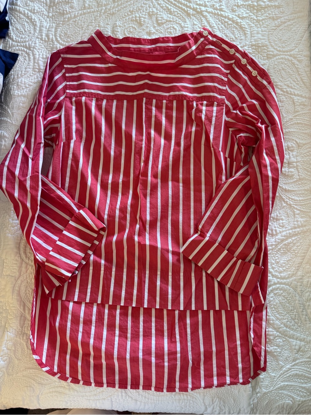 J Crew Factory Red and White Striped Long Sleeve Button-Shoulder Top